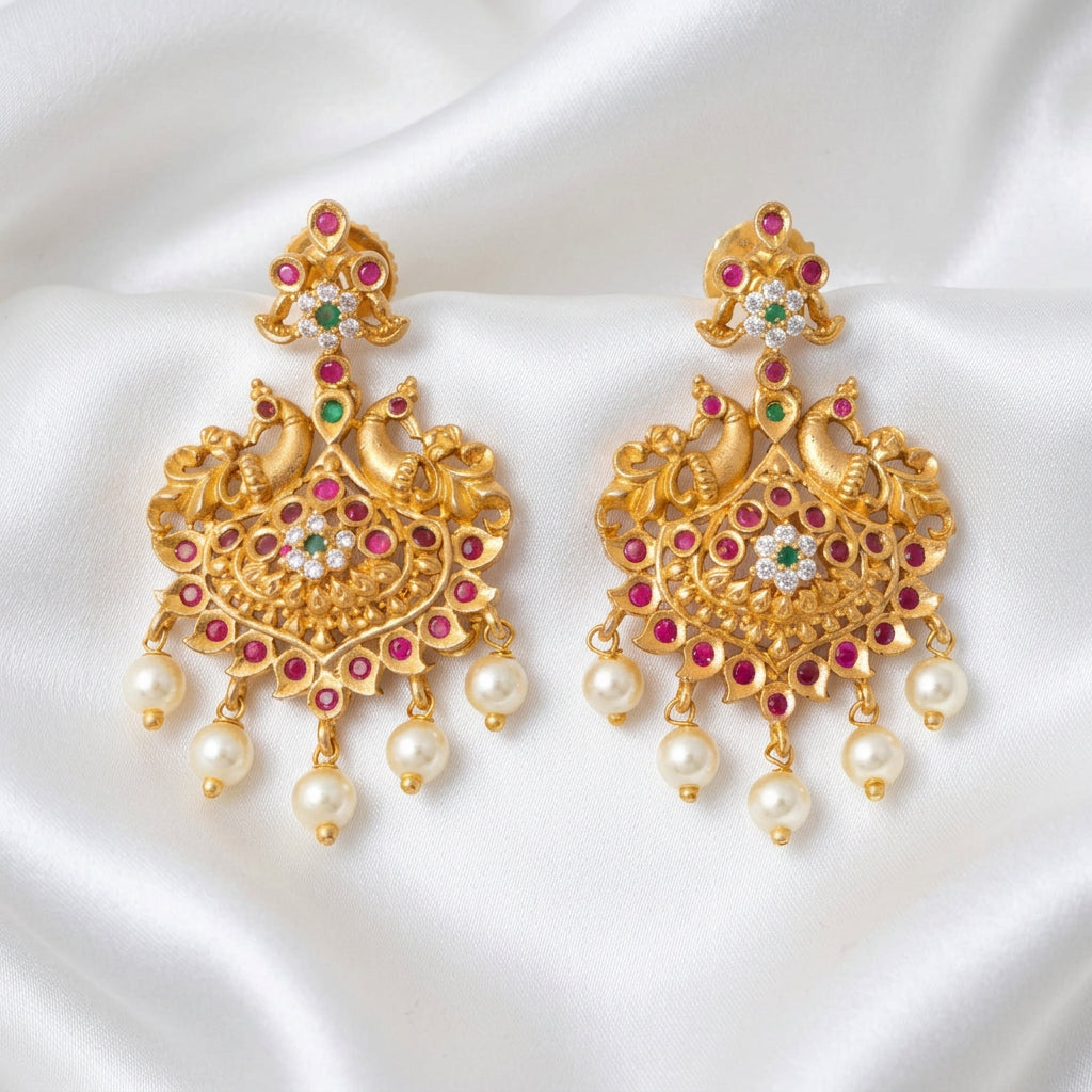 Traditional South Indian Mayur Motif Earrings with Multi-Color Stones & Pearl Hangings