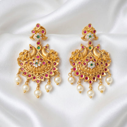Traditional South Indian Mayur Motif Earrings with Multi-Color Stones & Pearl Hangings