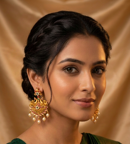 Traditional South Indian Mayur Motif Earrings with Multi-Color Stones & Pearl Hangings