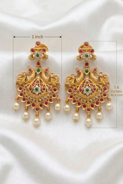 Traditional South Indian Mayur Motif Earrings with Multi-Color Stones & Pearl Hangings
