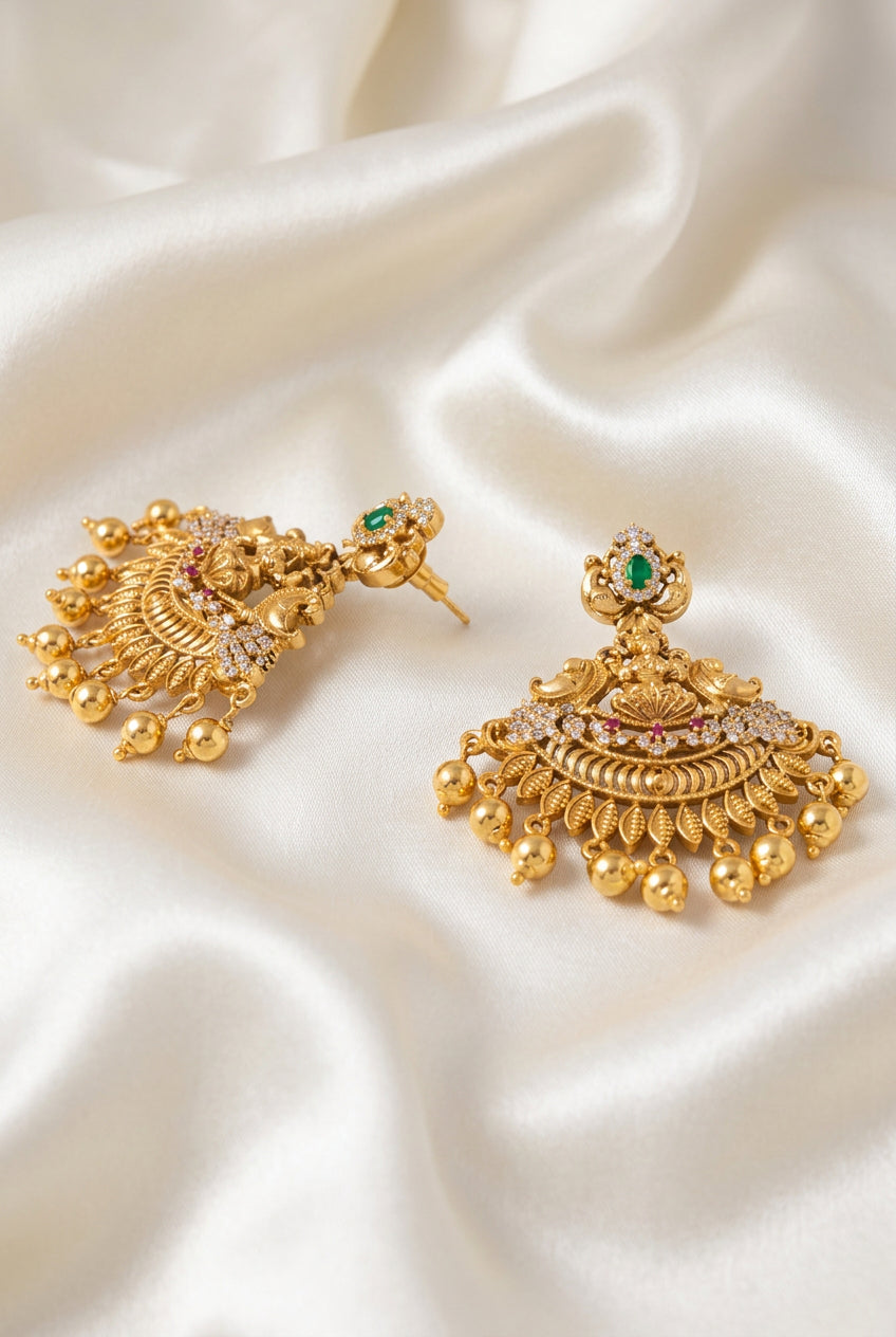 Antique Gold Goddess Lakshmi Earrings with Ruby, Emerald & White CZ Stones