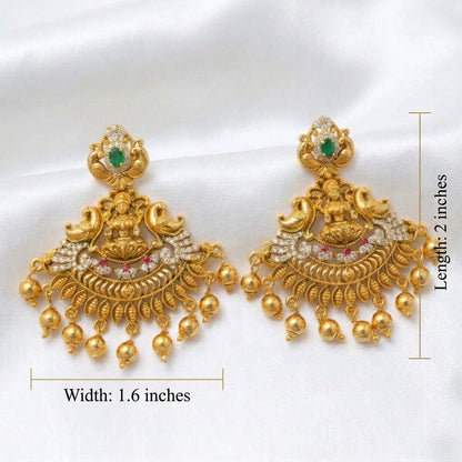 Antique Gold Goddess Lakshmi Earrings with Ruby, Emerald & White CZ Stones