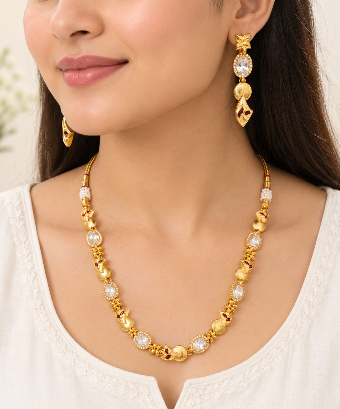 Traditional Gold Tone Necklace Set with White Stone Floral Design and Matching Drop Earrings
