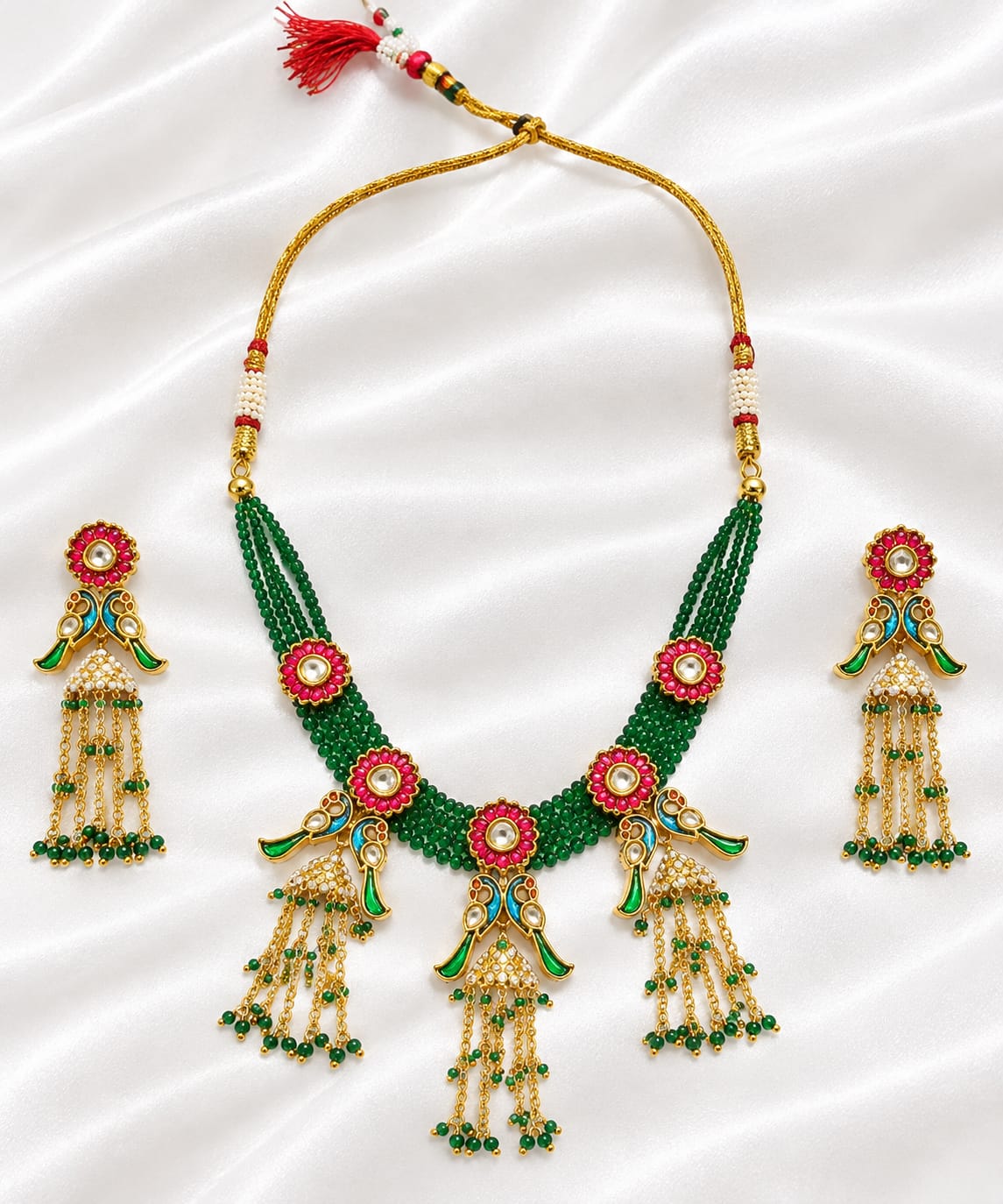 Traditional Green Beaded Gold Plated Necklace Set with Pink Stone Floral Pendant & Matching Jhumka Earrings