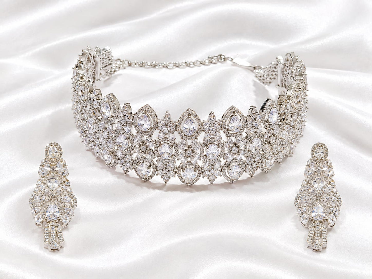 Silver Tone Crystal Bridal Necklace and Earrings Set | Elegant CZ Wedding Jewelry