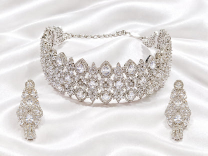 Silver Tone Crystal Bridal Necklace and Earrings Set | Elegant CZ Wedding Jewelry