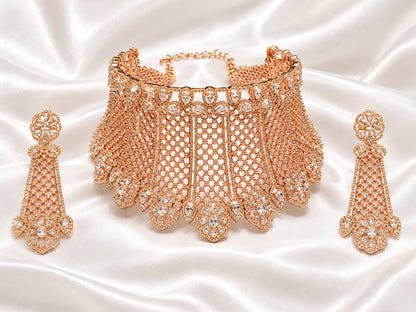 Elegant Rose Gold Finish CZ Broad Choker Set with Matching Long Earrings | Indian Bridal & Party Wear Jewelry