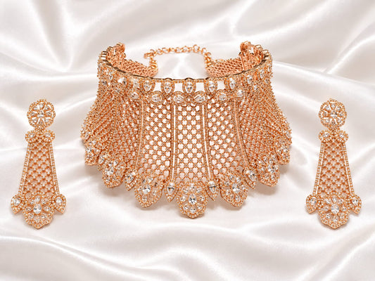 Elegant Rose Gold Finish CZ Broad Choker Set with Matching Long Earrings | Indian Bridal & Party Wear Jewelry