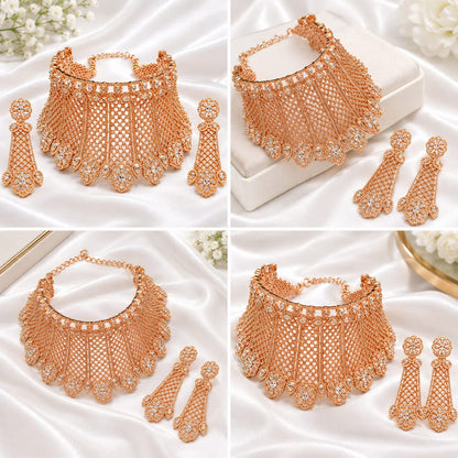 Elegant Rose Gold Finish CZ Broad Choker Set with Matching Long Earrings | Indian Bridal & Party Wear Jewelry