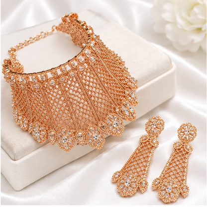 Elegant Rose Gold Finish CZ Broad Choker Set with Matching Long Earrings | Indian Bridal & Party Wear Jewelry