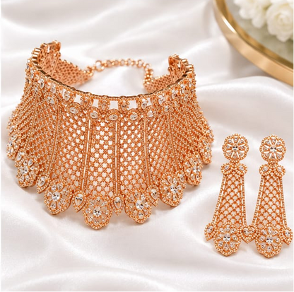Elegant Rose Gold Finish CZ Broad Choker Set with Matching Long Earrings | Indian Bridal & Party Wear Jewelry