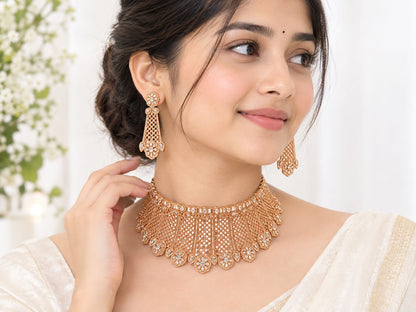 Elegant Rose Gold Finish CZ Broad Choker Set with Matching Long Earrings | Indian Bridal & Party Wear Jewelry