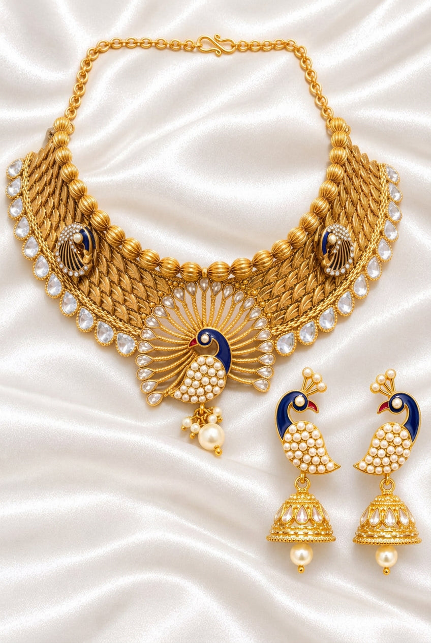 Majestic Peacock Choker Necklace & Jhumka Set | Royal Blue Enamel Jewelry