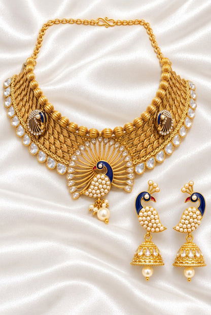 Majestic Peacock Choker Necklace & Jhumka Set | Royal Blue Enamel Jewelry