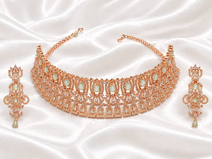 Rose Gold Plated Choker Necklace Set with Mint Green Stone Earrings