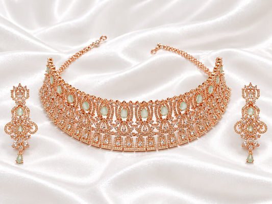 Rose Gold Plated Choker Necklace Set with Mint Green Stone Earrings
