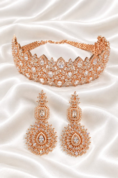 Rose Gold American Diamond / Cubic Zirconia Statement Choker & Earrings Set