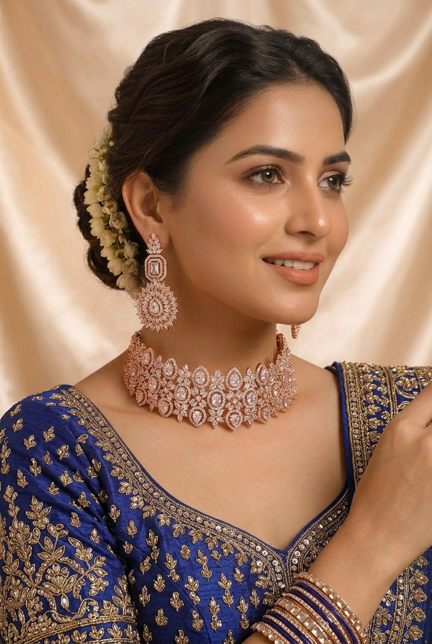 Rose Gold American Diamond / Cubic Zirconia Statement Choker & Earrings Set