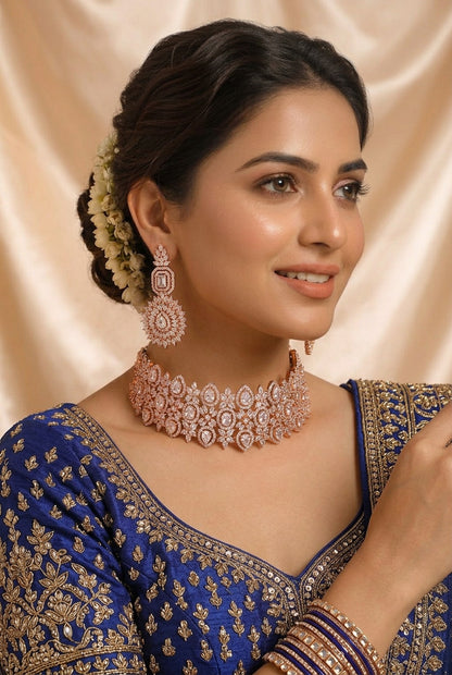 Rose Gold American Diamond / Cubic Zirconia Statement Choker & Earrings Set