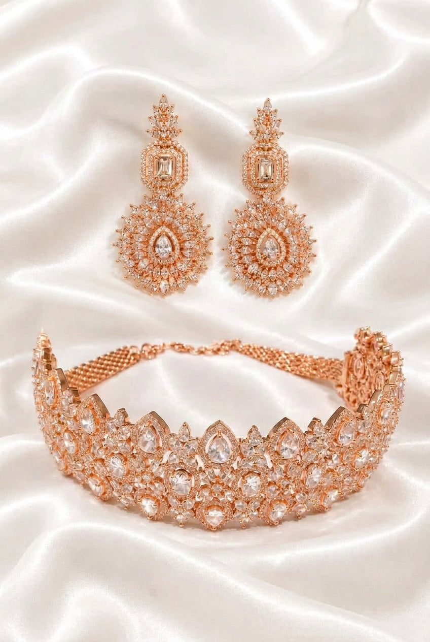 Rose Gold American Diamond / Cubic Zirconia Statement Choker & Earrings Set