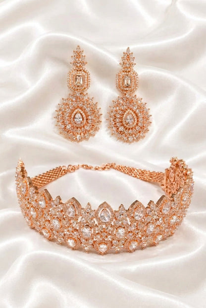 Rose Gold American Diamond / Cubic Zirconia Statement Choker & Earrings Set