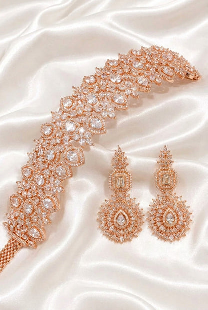 Rose Gold American Diamond / Cubic Zirconia Statement Choker & Earrings Set