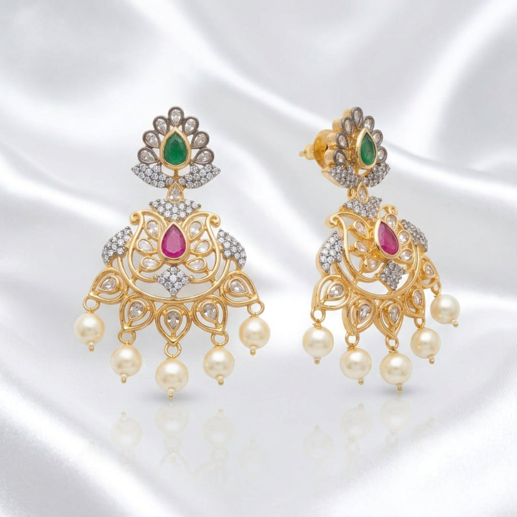 Gold Plated CZ Chandler Earrings with Emerald & Ruby Pink Stones & Pearl Drops | Festive Indian Statement Earrings