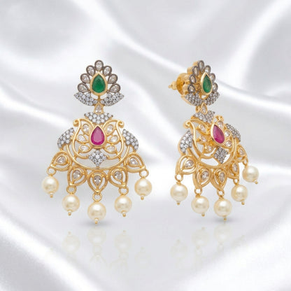 Gold Plated CZ Chandler Earrings with Emerald & Ruby Pink Stones & Pearl Drops | Festive Indian Statement Earrings