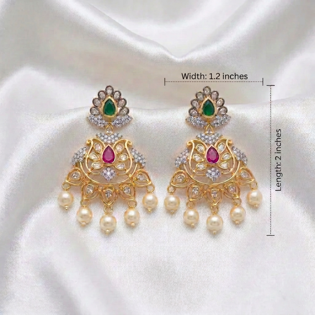 Gold Plated CZ Chandler Earrings with Emerald & Ruby Pink Stones & Pearl Drops | Festive Indian Statement Earrings