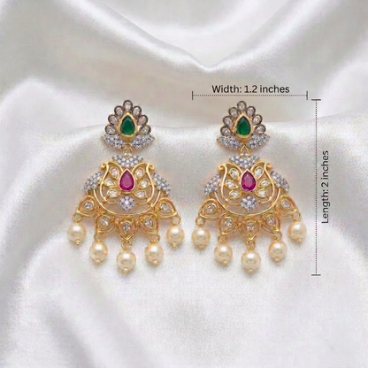 Gold Plated CZ Chandler Earrings with Emerald & Ruby Pink Stones & Pearl Drops | Festive Indian Statement Earrings