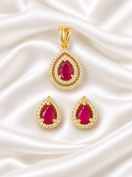 Exquisite Pear-Cut Ruby & Zirconia Double-Halo Pendant and Matching Push-Back Earrings Set in Gold Finish