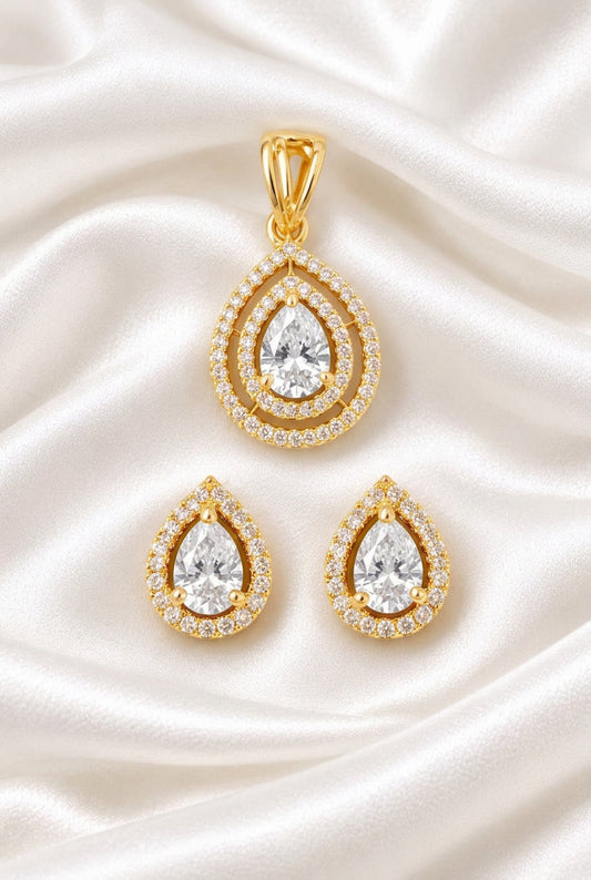 Dazzling Pear-Cut White Zirconia Double-Halo Pendant and Matching Push-Back Earrings Set in Gold Finish