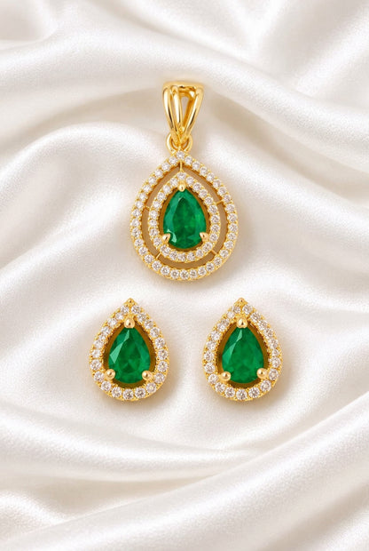 Regal Pear-Cut Emerald Green & Zirconia Double-Halo Pendant and Matching Push-Back Earrings Set in Gold Finish