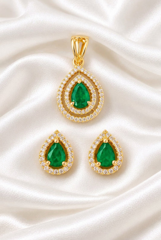 Regal Pear-Cut Emerald Green & Zirconia Double-Halo Pendant and Matching Push-Back Earrings Set in Gold Finish