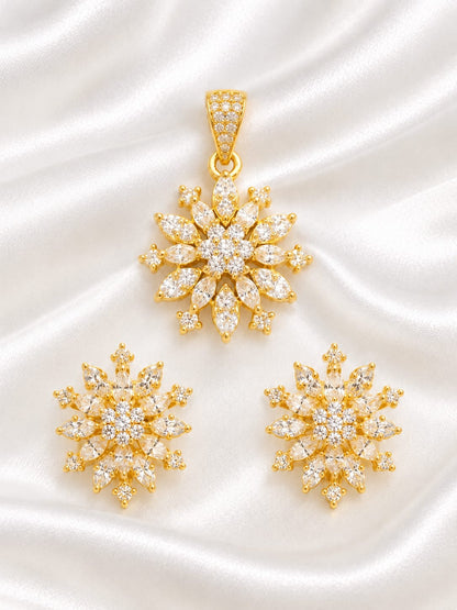 Gold-Plated Floral Pendant and Earrings Set with Sparkling White Stones