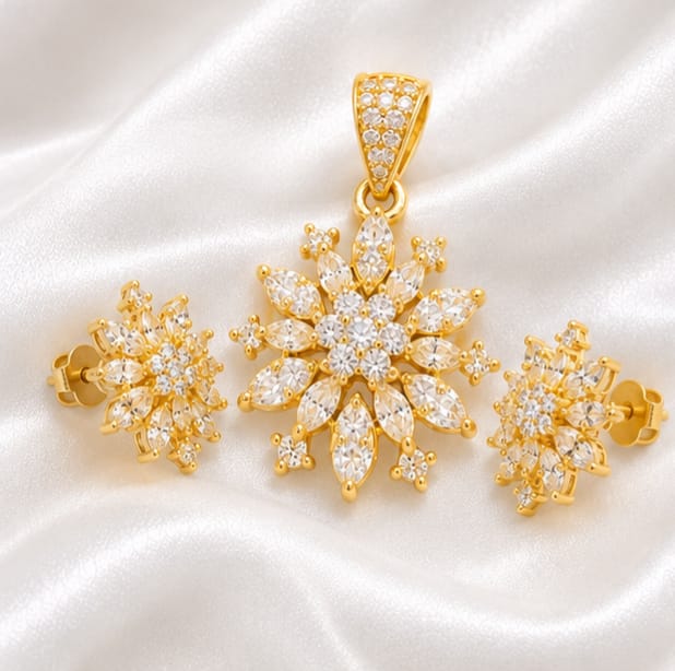 Gold-Plated Floral Pendant and Earrings Set with Sparkling White Stones