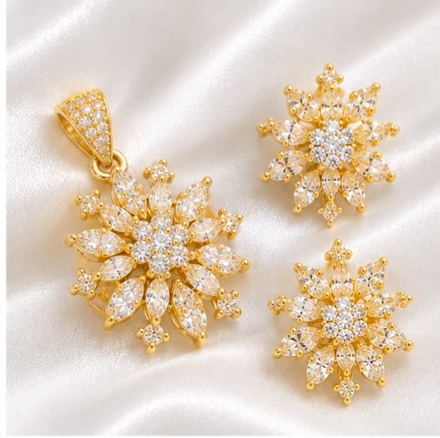 Gold-Plated Floral Pendant and Earrings Set with Sparkling White Stones
