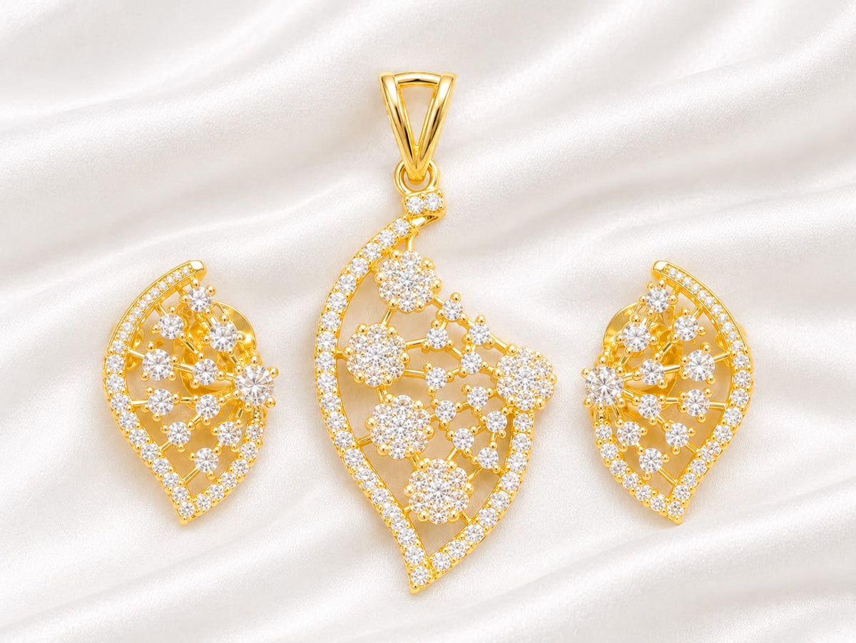 Gold Plated Leaf Design Pendant Set with Matching Earrings