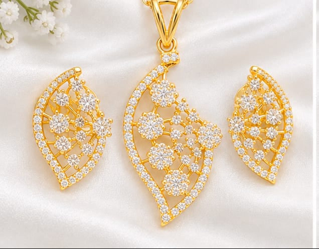 Gold Plated Leaf Design Pendant Set with Matching Earrings