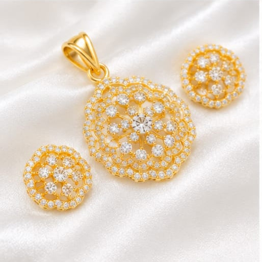 Gold-Plated CZ Floral Pendant with Matching Stud Earrings Set