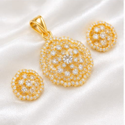 Gold-Plated CZ Floral Pendant with Matching Stud Earrings Set