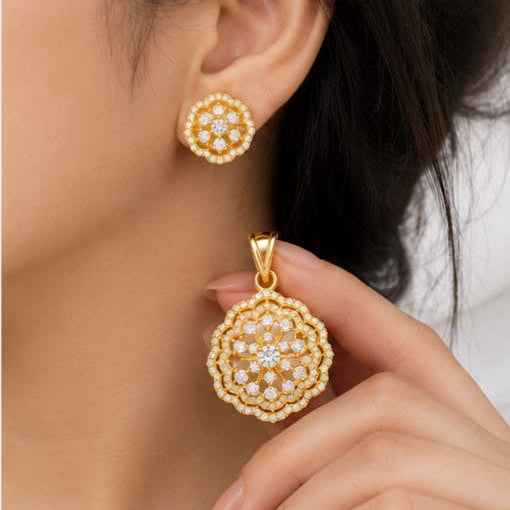Gold-Plated CZ Floral Pendant with Matching Stud Earrings Set