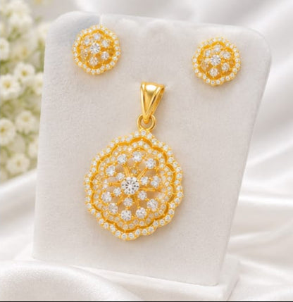 Gold-Plated CZ Floral Pendant with Matching Stud Earrings Set