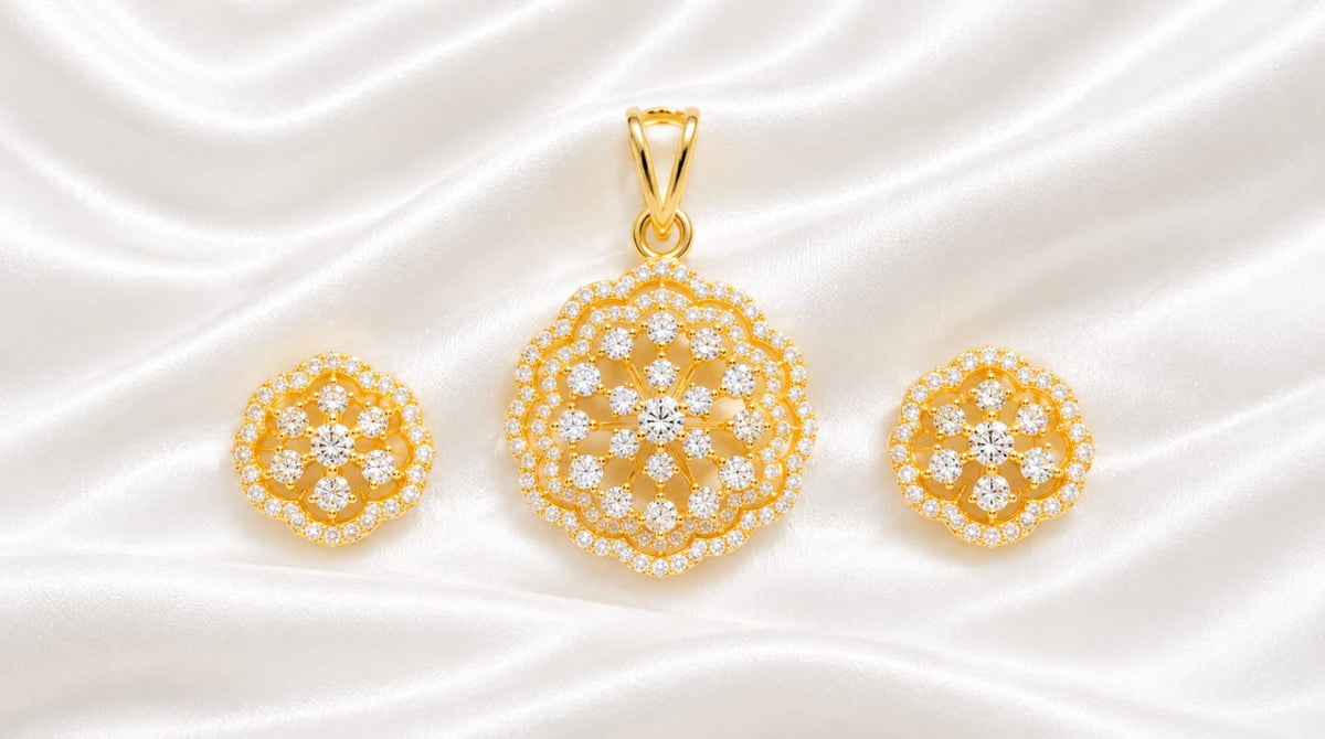 Gold-Plated CZ Floral Pendant with Matching Stud Earrings Set