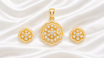 Gold-Plated CZ Floral Pendant with Matching Stud Earrings Set