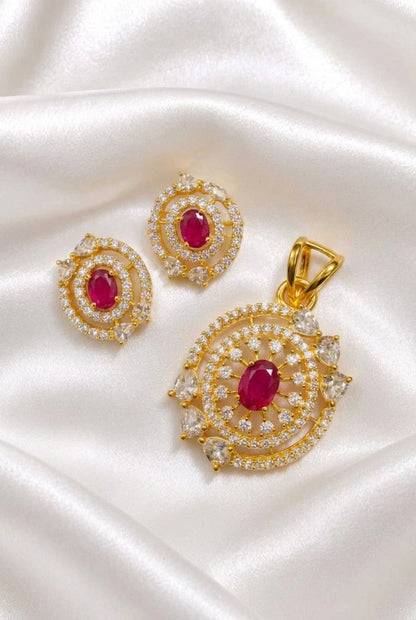 Sparkling Cubic Zirconia & Ruby Pink  Oval Gemstone Pendant with Matching Stud Earrings