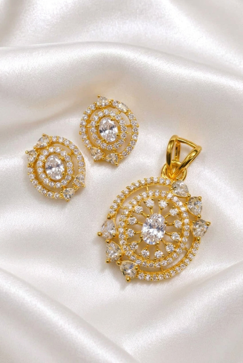 Dazzling Clear CZ Gold-Plated Pendant Set | Pristine White Oval Stone Jewelry with Stud Earrings