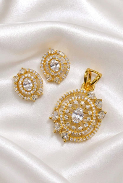 Dazzling Clear CZ Gold-Plated Pendant Set | Pristine White Oval Stone Jewelry with Stud Earrings