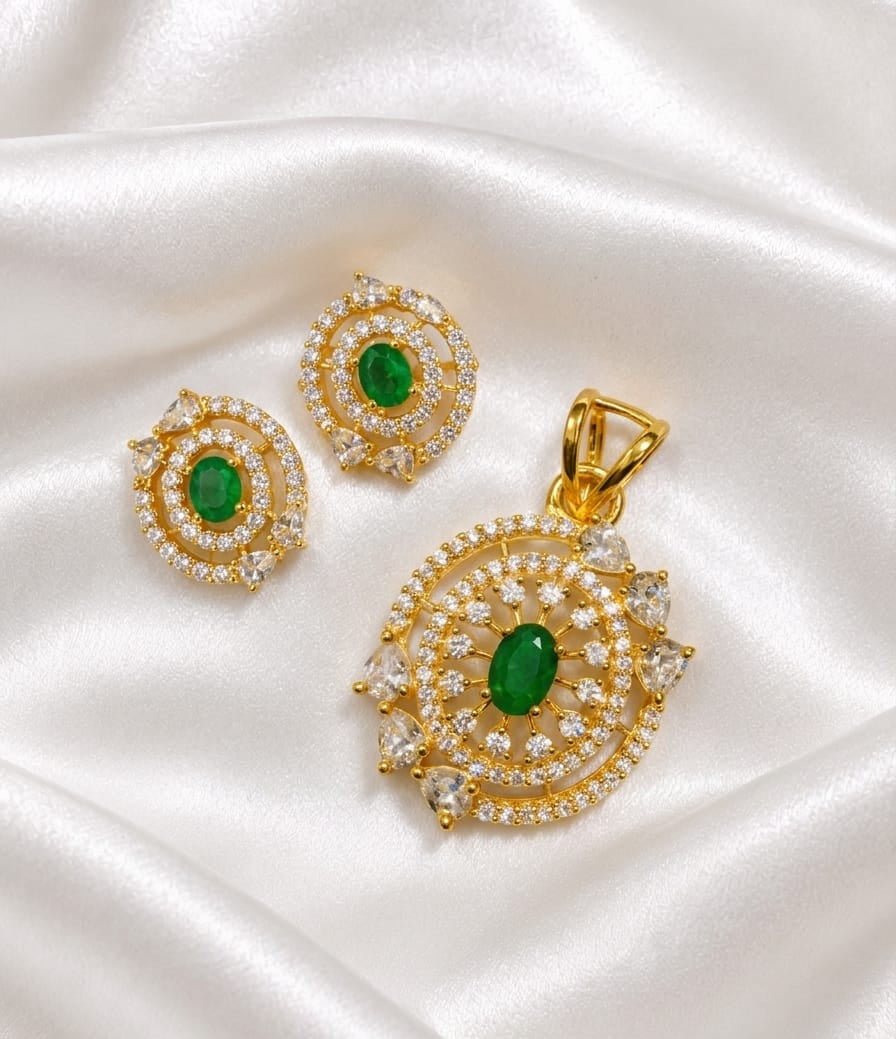 Elegant Emerald & CZ Gold-Plated Pendant and Earring Set | Radiant Oval Green Stone Jewelry