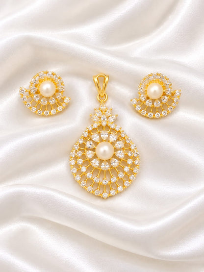 Gold Plated Pearl Pendant and Earring Set with American Diamond Stones